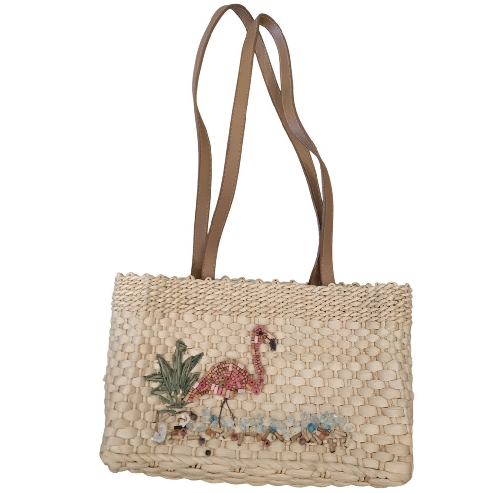 St. John's Bay Straw Tote with Pink Flamingo and Tan Straps- NWT!